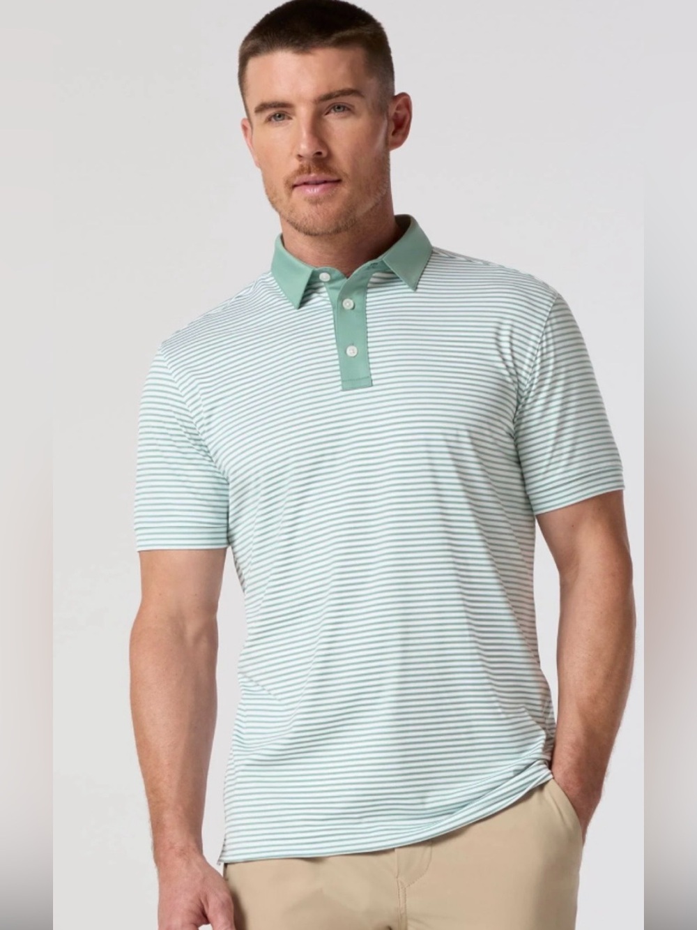 Mizzen+Main Mint Green Striped Polo with Contrast Collar